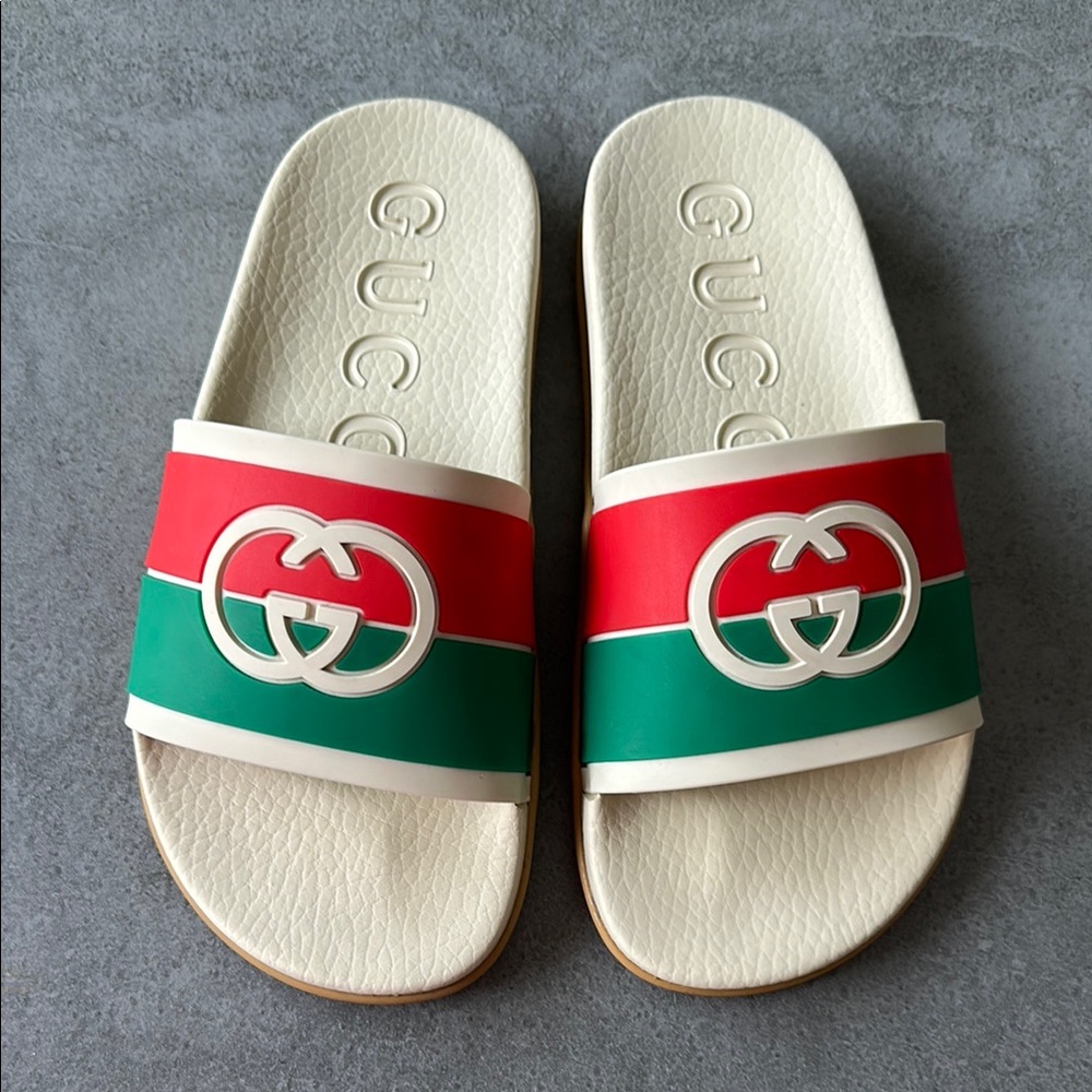 Size 38 - Gucci Cream Slides with Red and Green Accents